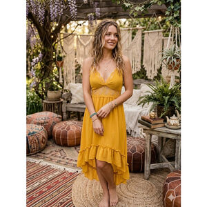 Bläshe Los Angeles Mustard Yellow Lace Chiffon High-Low Boho Maxi Dress Large NW